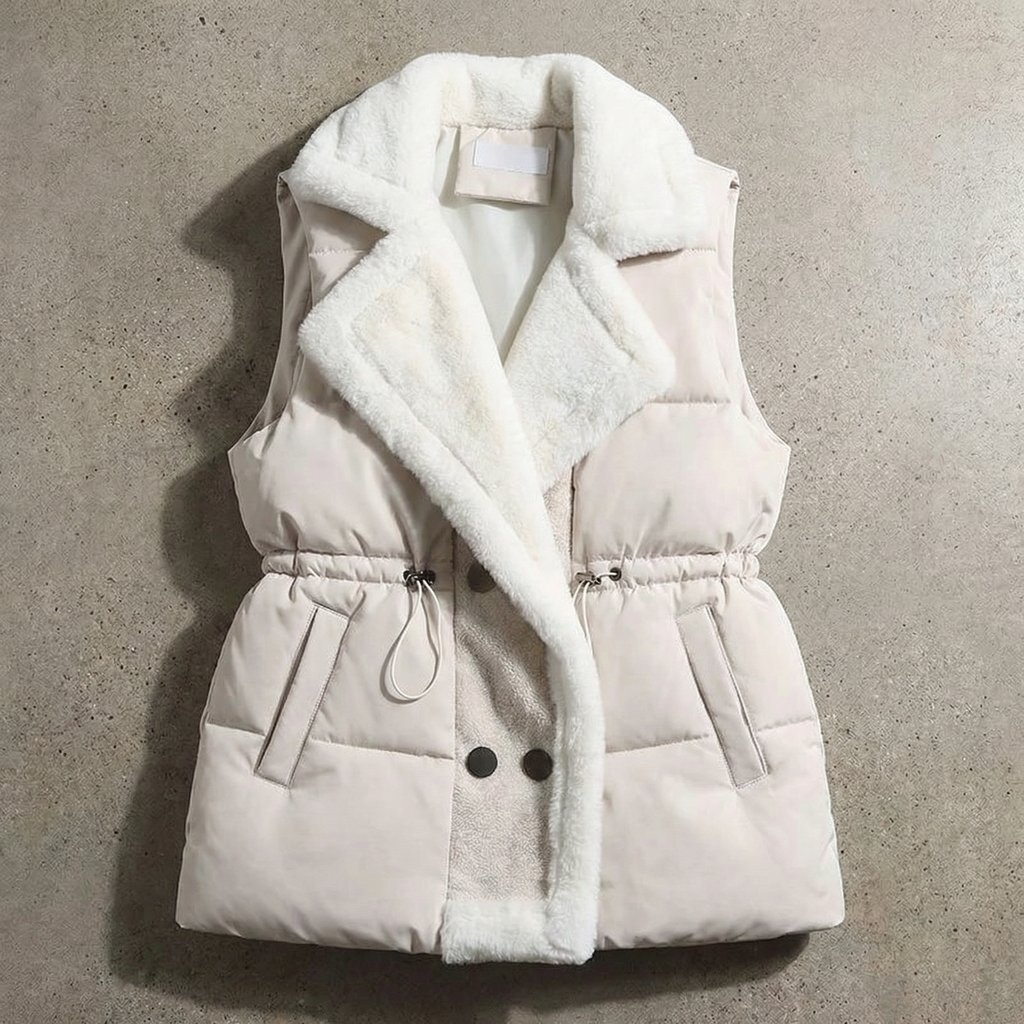 White puffer vest with fur lining on a gray background