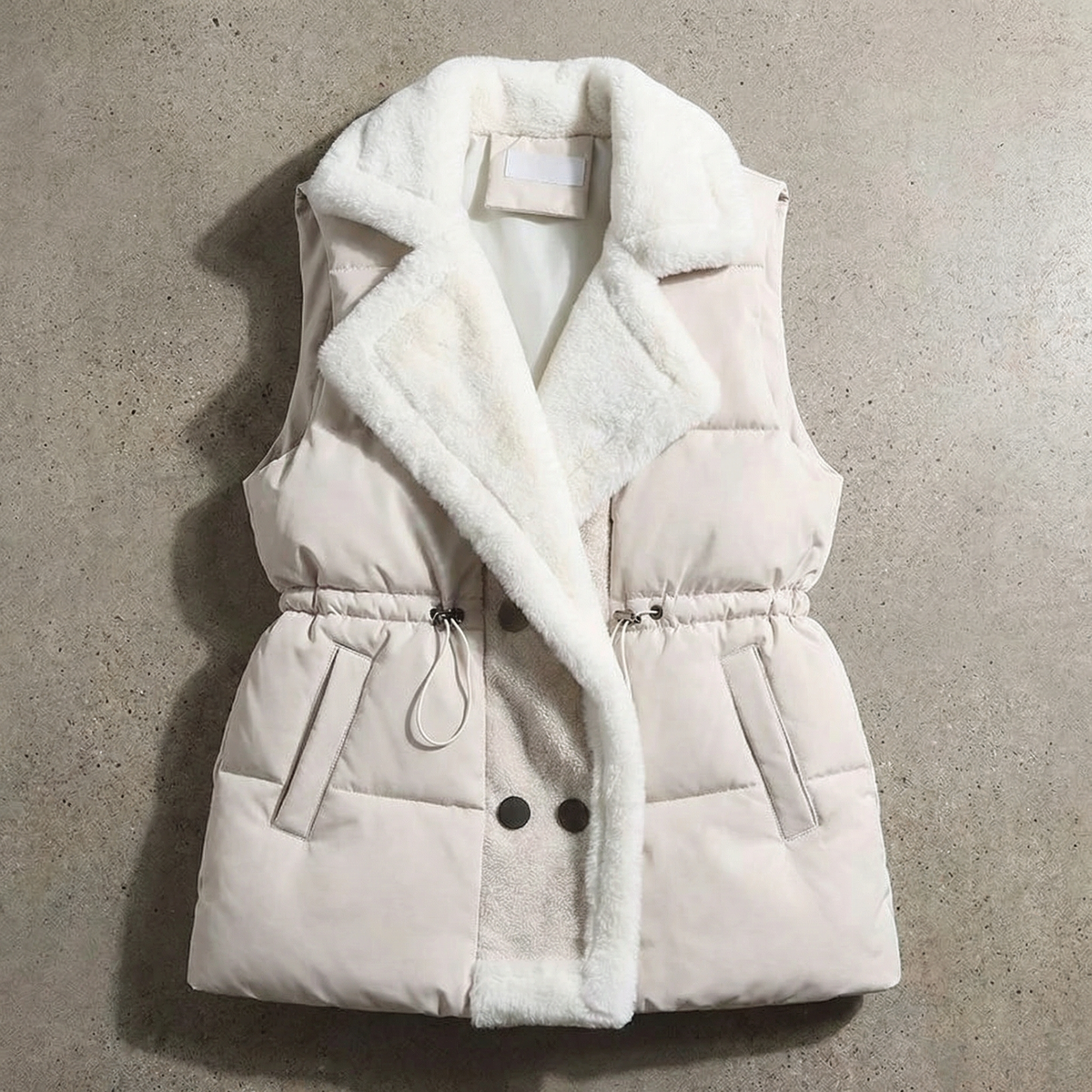 White puffer vest with fur lining on a gray background