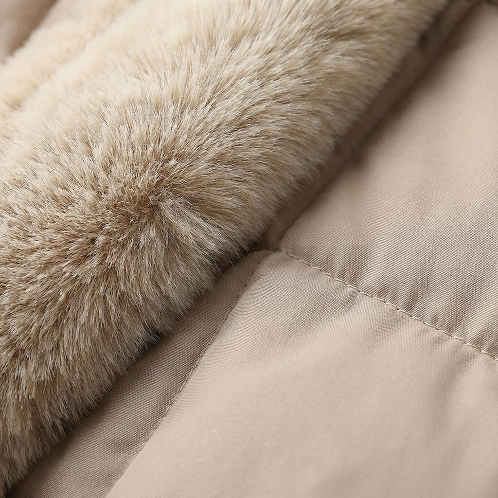 Close-up of beige fur and smooth fabric texture