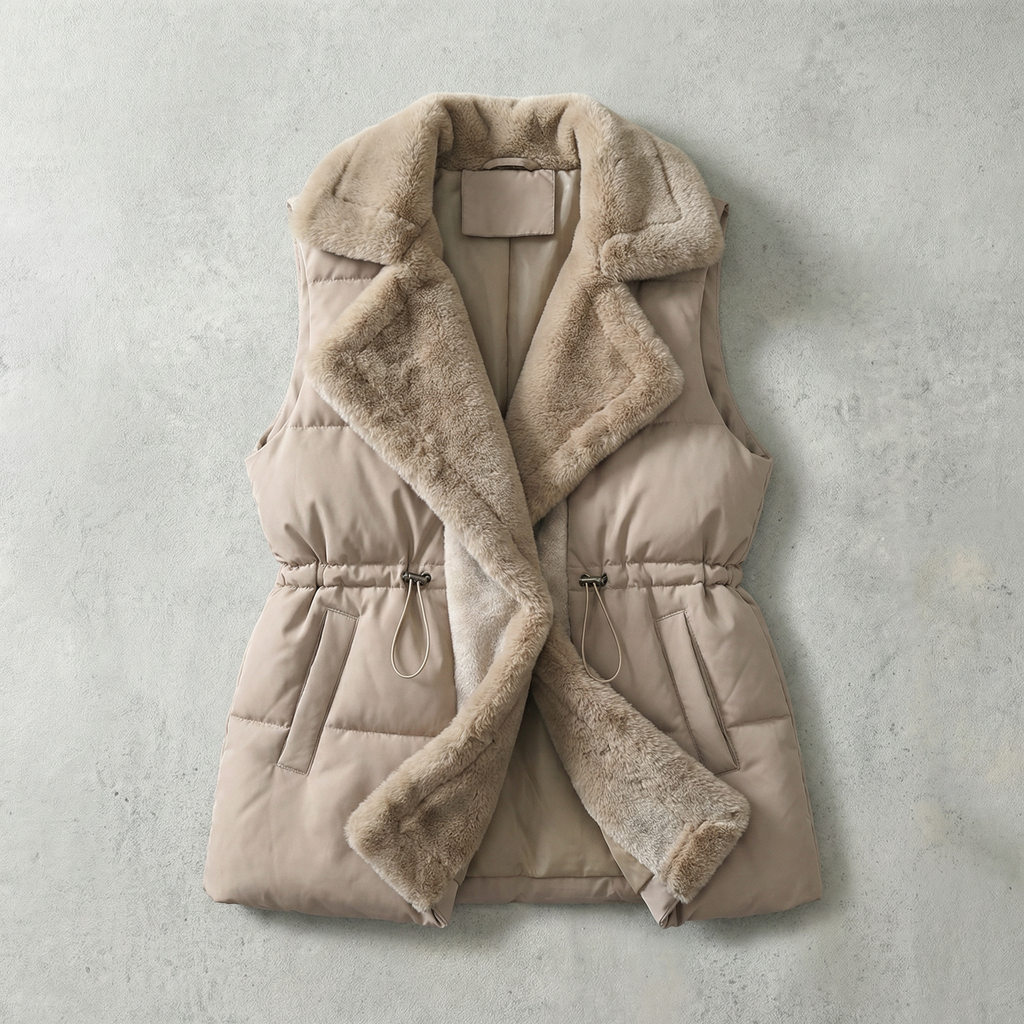 Beige puffer vest with fur trim on a light gray background