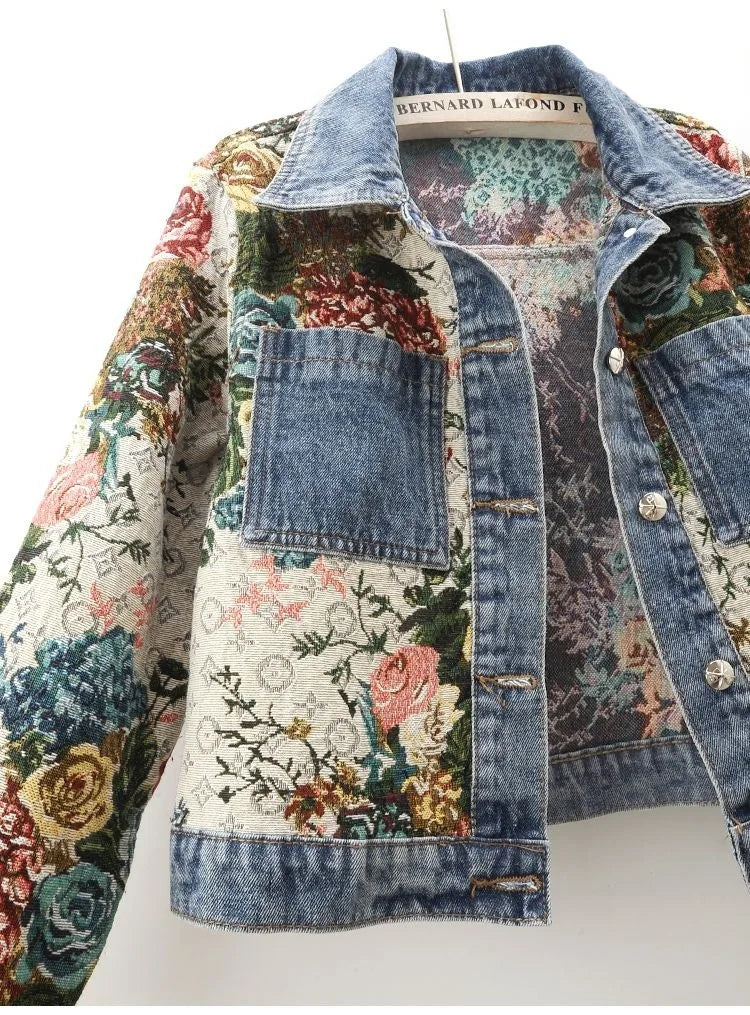 Women's Floral Denim Jacket | Patchwork Winter Outerwear