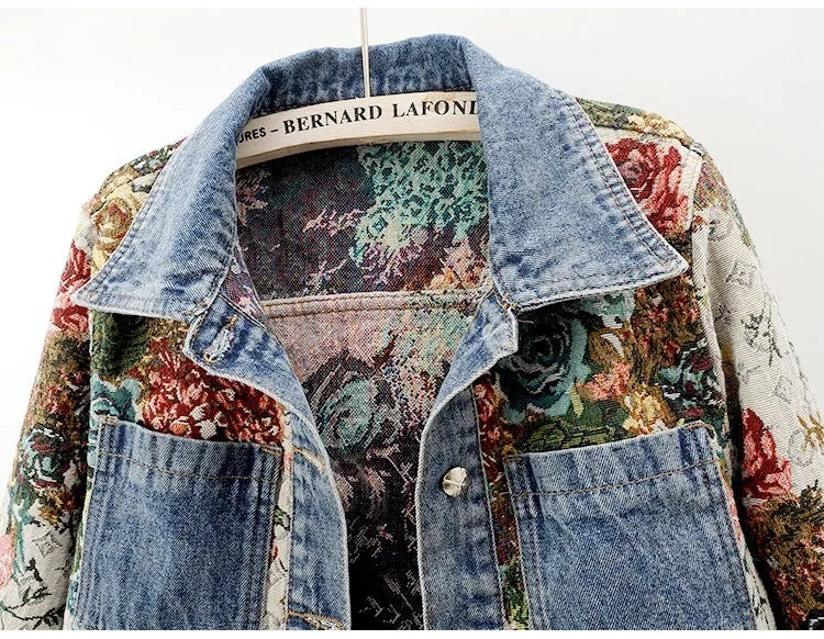 Women's Floral Denim Jacket | Patchwork Winter Outerwear