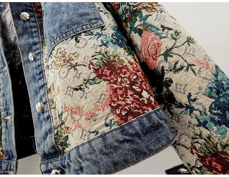 Women's Floral Denim Jacket | Patchwork Winter Outerwear