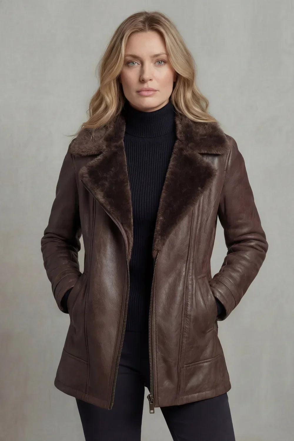 Woman wearing a brown leather coat with fur collar against a plain background