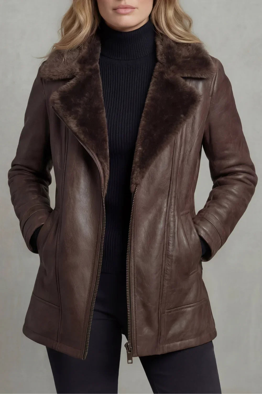 Brown leather coat with fur collar worn by a person on a neutral background