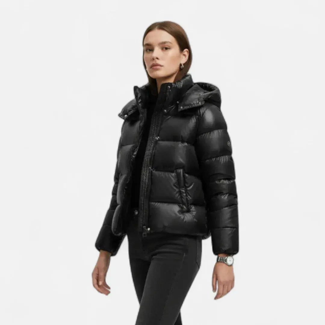 Women's Shiny Hooded Puffer Jacket | Slim Fit Short Coat