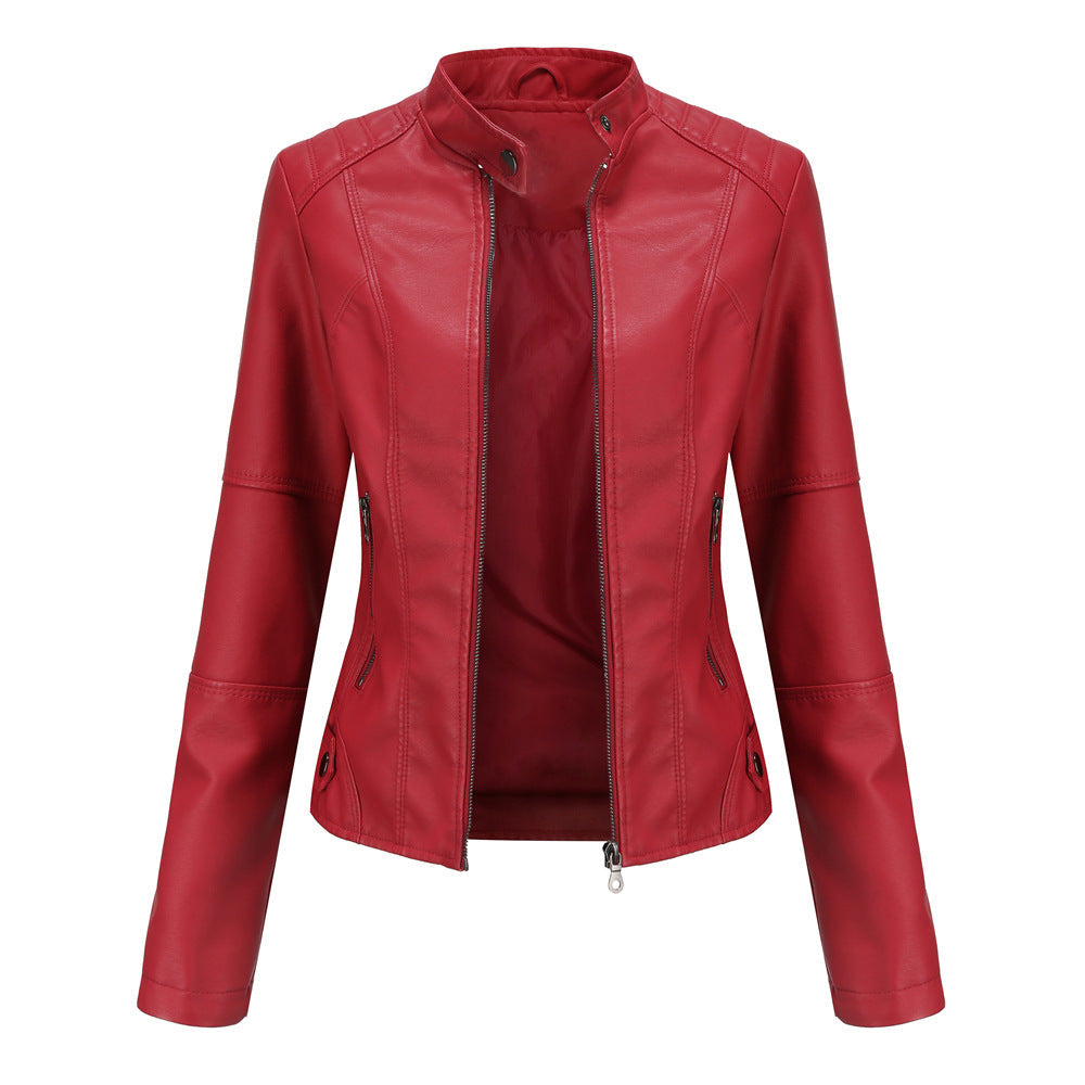 A red faux leather jacket with a stand-up collar, front zipper, and zippered hand pockets, shown against a plain white background.