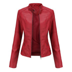 A red faux leather jacket with a stand-up collar, front zipper, and zippered hand pockets, shown against a plain white background.