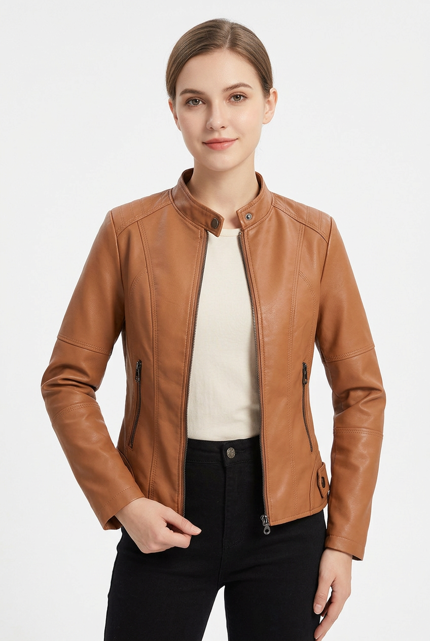 A woman modeling a tan faux-leather moto jacket with a stand collar, zippered front, and zip pockets, worn over a cream top and black pants against a light gray studio background.