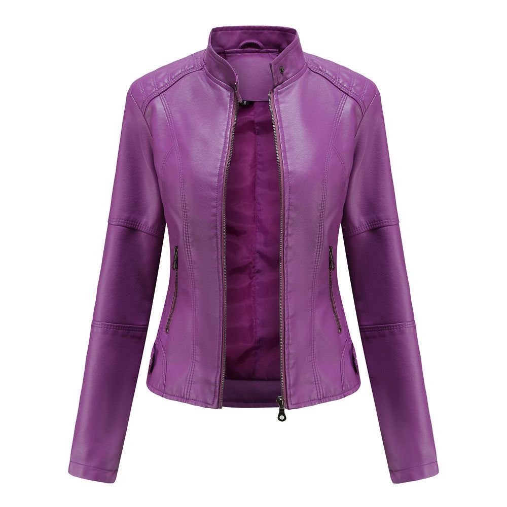 Purple leather jacket on a white background