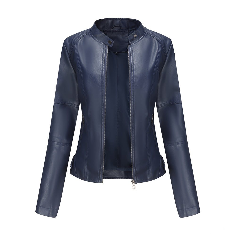 Navy blue leather jacket on a white background