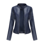 Navy blue leather jacket on a white background