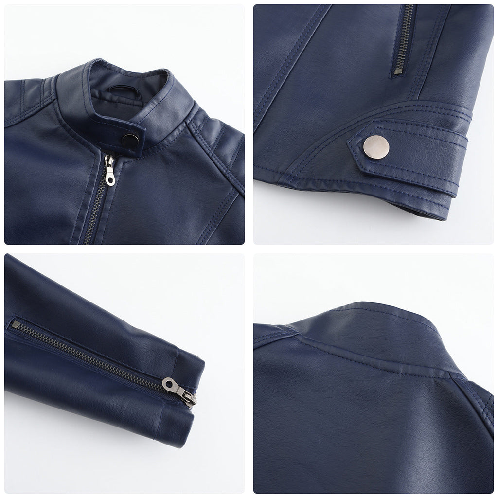 Collage of a navy blue jacket showing details like zipper, button, and fabric texture.