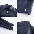 Collage of a navy blue jacket showing details like zipper, button, and fabric texture.
