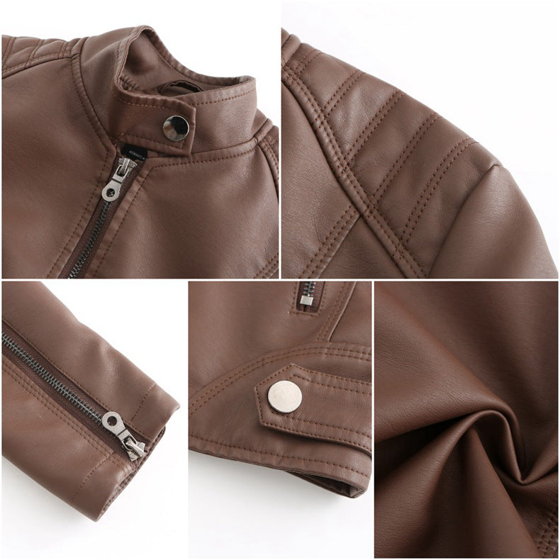 Collage of a brown leather jacket showing details like zipper, stitching, and button.