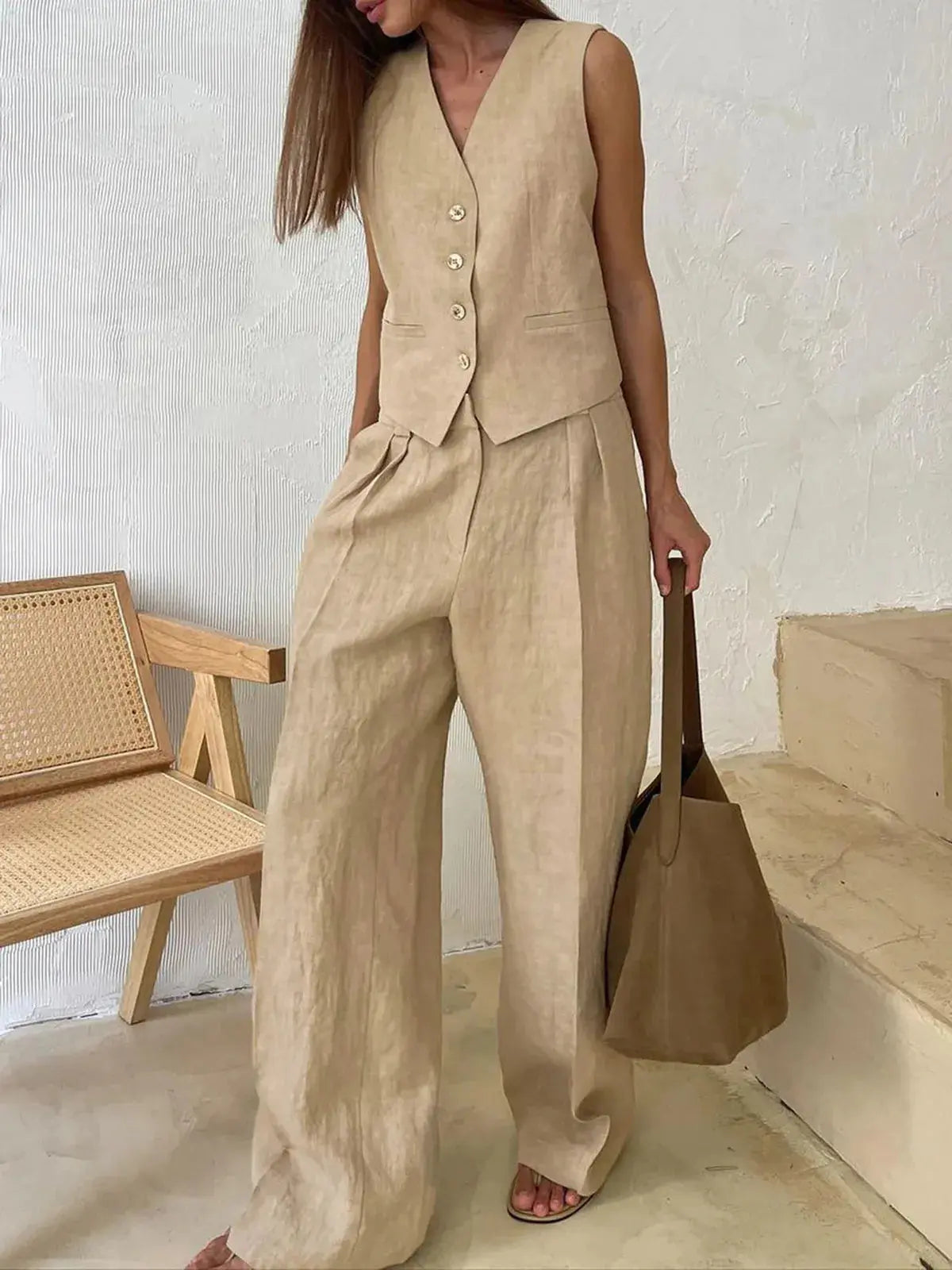 Women's Cotton Linen Waistcoat & Trousers Set | Summer Set