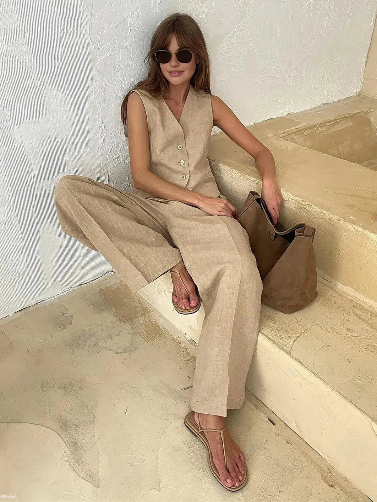 Women's Cotton Linen Waistcoat & Trousers Set | Summer Set