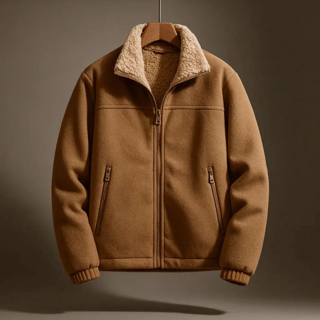 Brown jacket with a textured collar on a hanger against a brown background