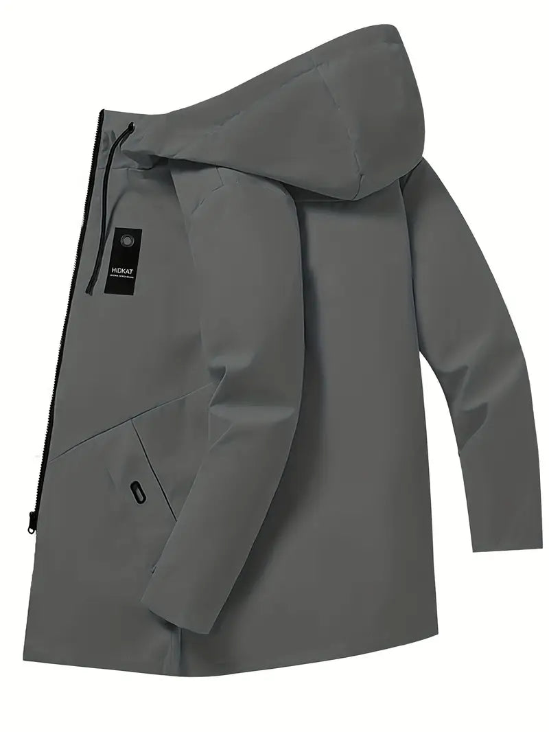 Gray raincoat with a brand logo on a white background
