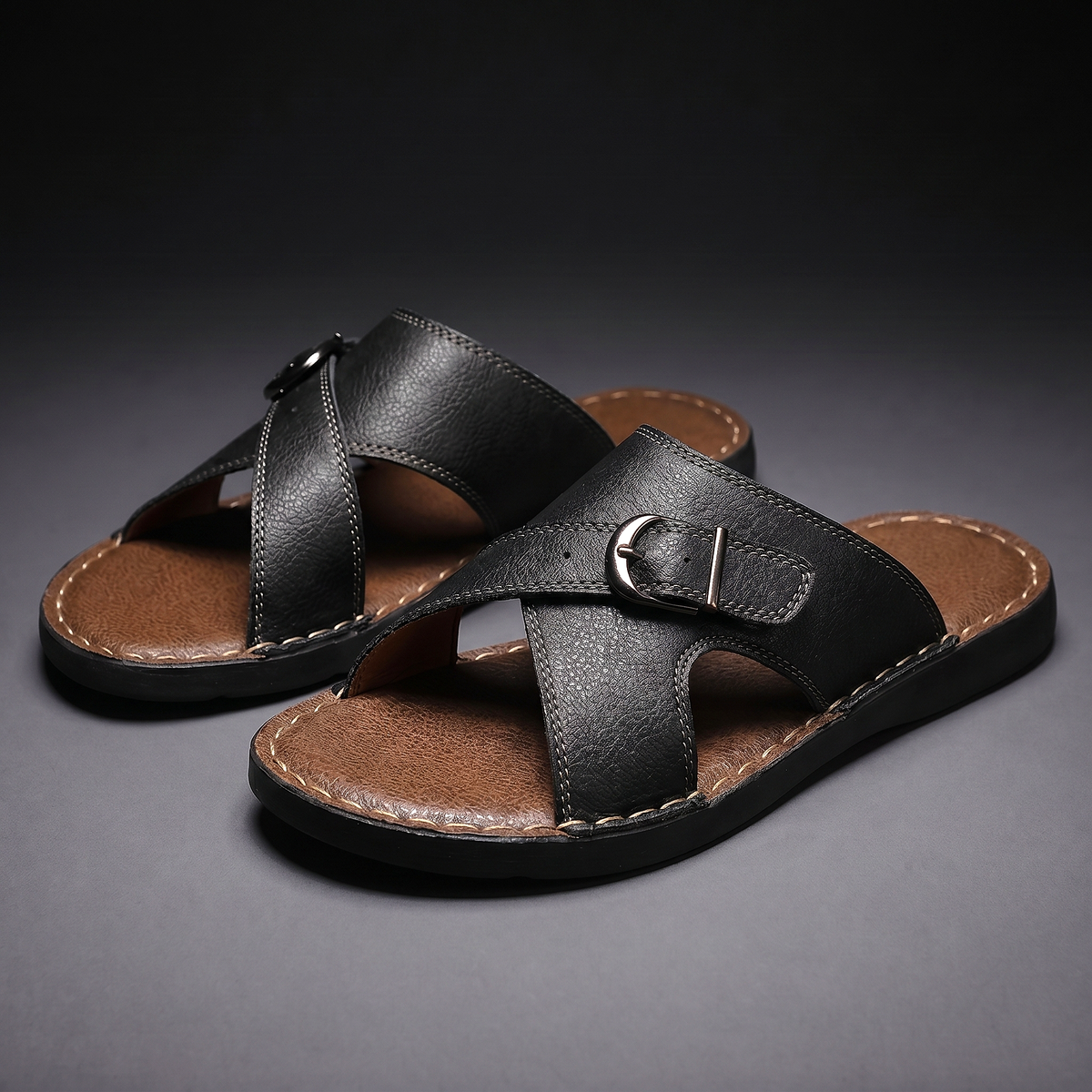 Men’s Leather Slide Sandals – Open Toe Summer Shoes