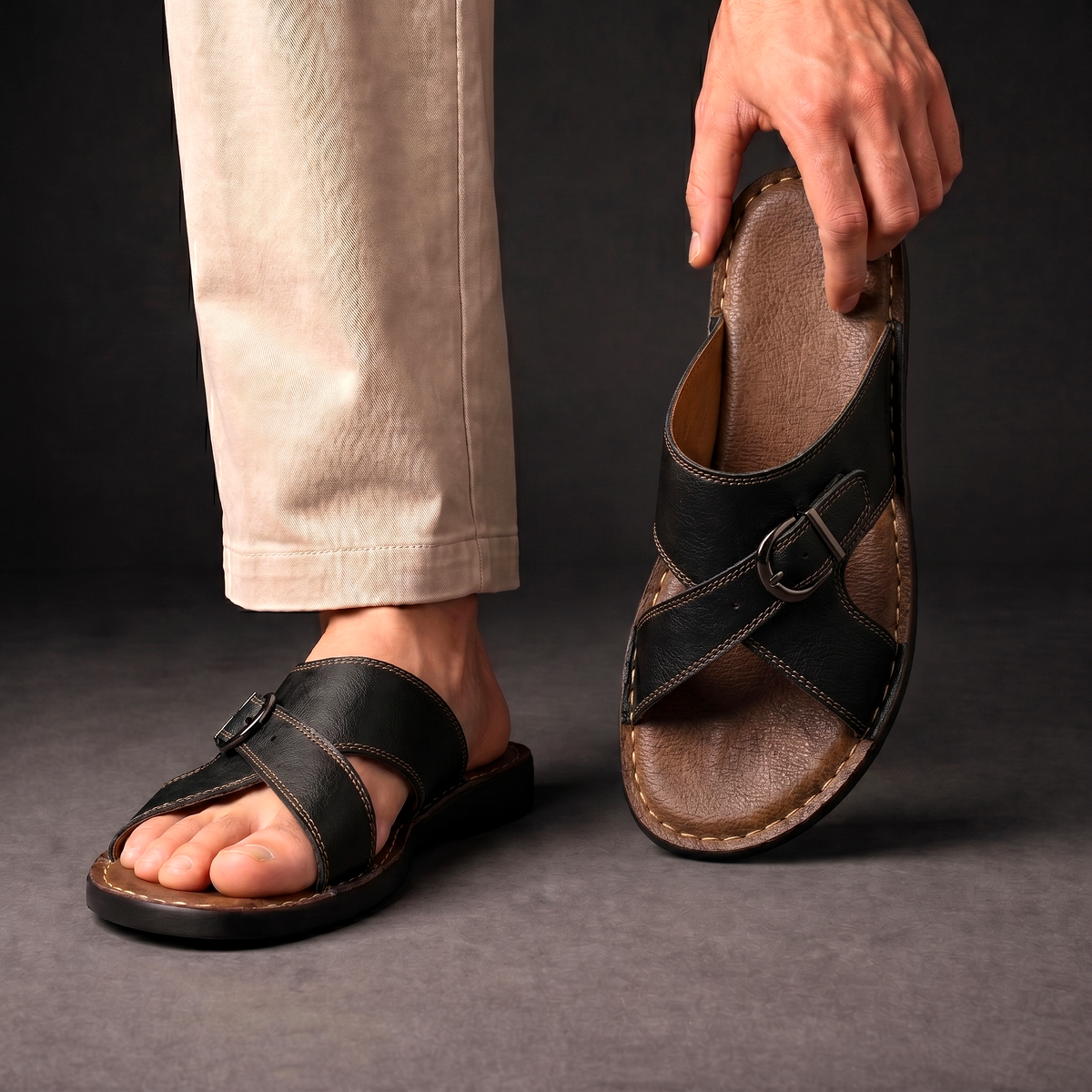 Men’s Leather Slide Sandals – Open Toe Summer Shoes