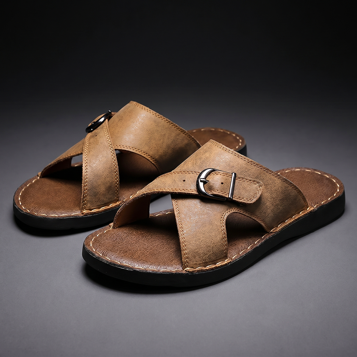 Men’s Leather Slide Sandals – Open Toe Summer Shoes
