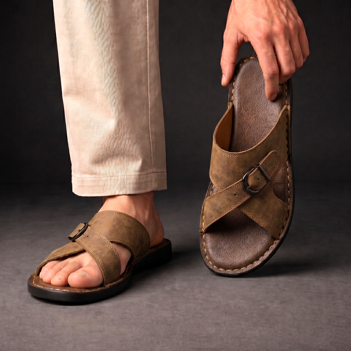 Men’s Leather Slide Sandals – Open Toe Summer Shoes