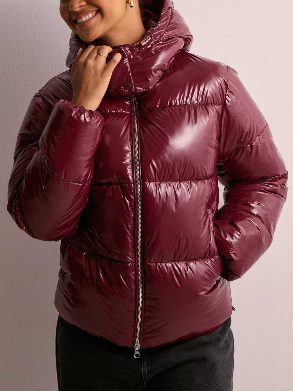 Women's Glossy Hooded Zip-Up Puffer Jacket | High-Shine Coat