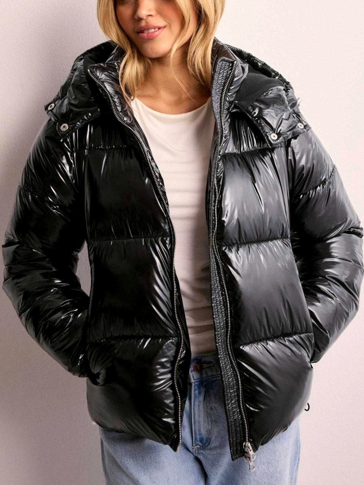 Women's Glossy Hooded Zip-Up Puffer Jacket | High-Shine Coat