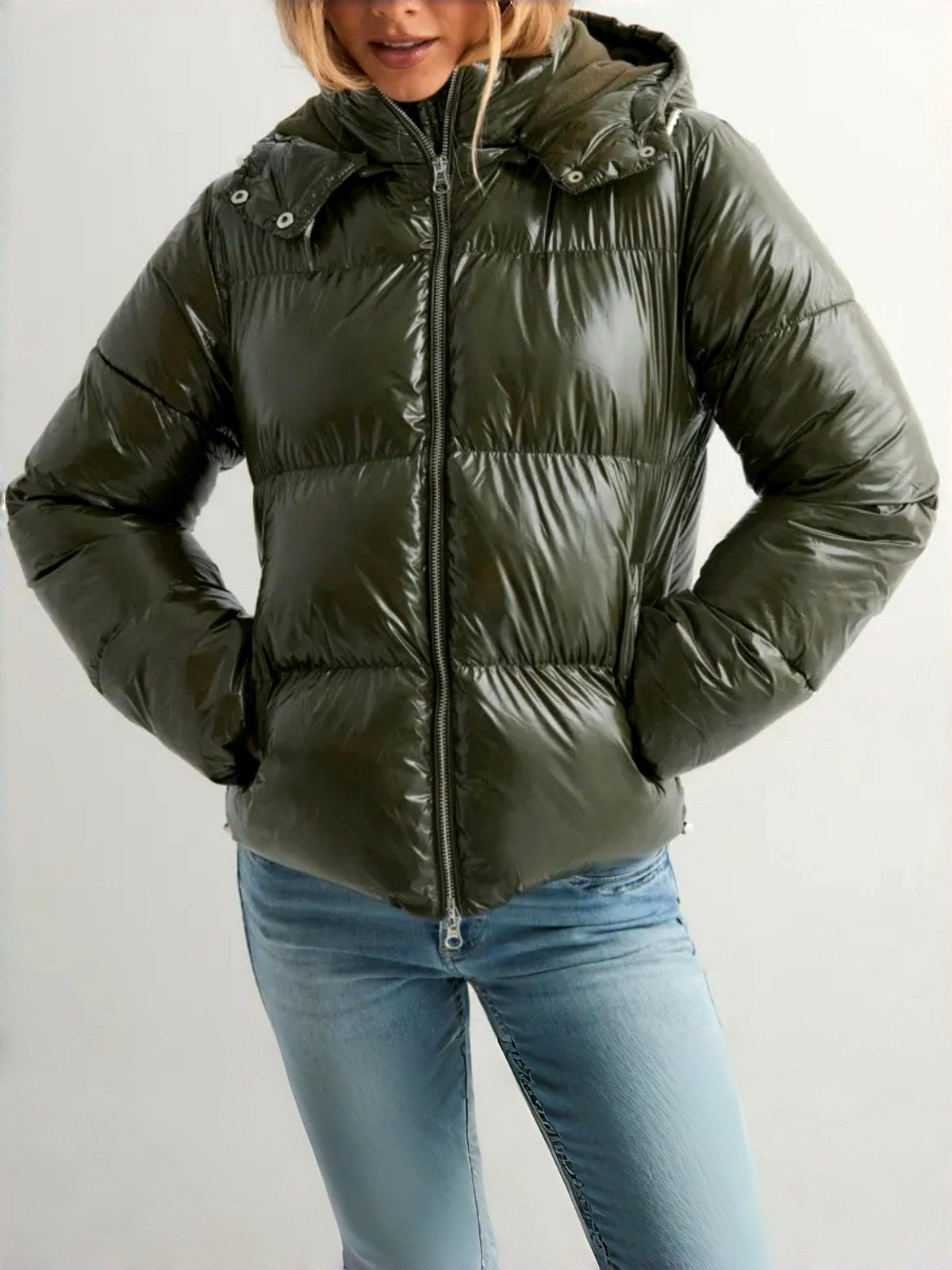 Women's Glossy Hooded Zip-Up Puffer Jacket | High-Shine Coat