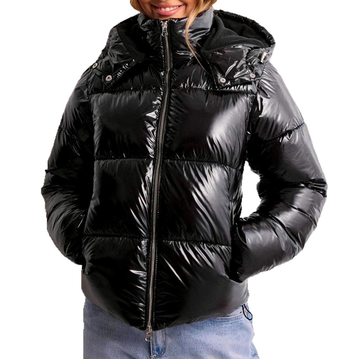 Women's Glossy Hooded Zip-Up Puffer Jacket | High-Shine Coat