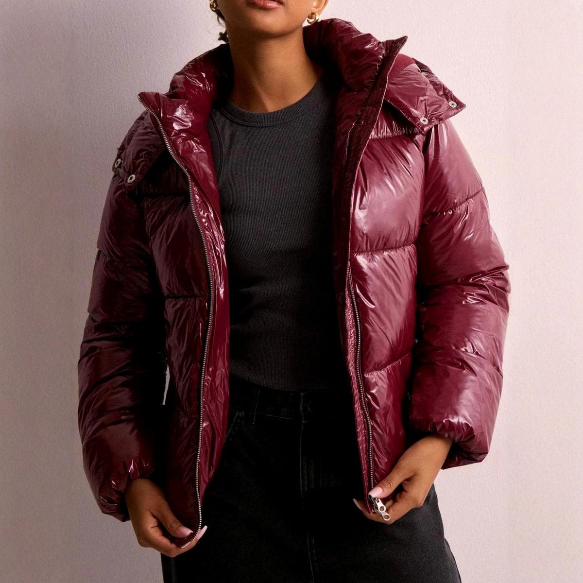 Women's Glossy Hooded Zip-Up Puffer Jacket | High-Shine Coat