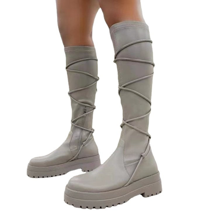 Women’s White Lace-Up Platform Cowboy Boots