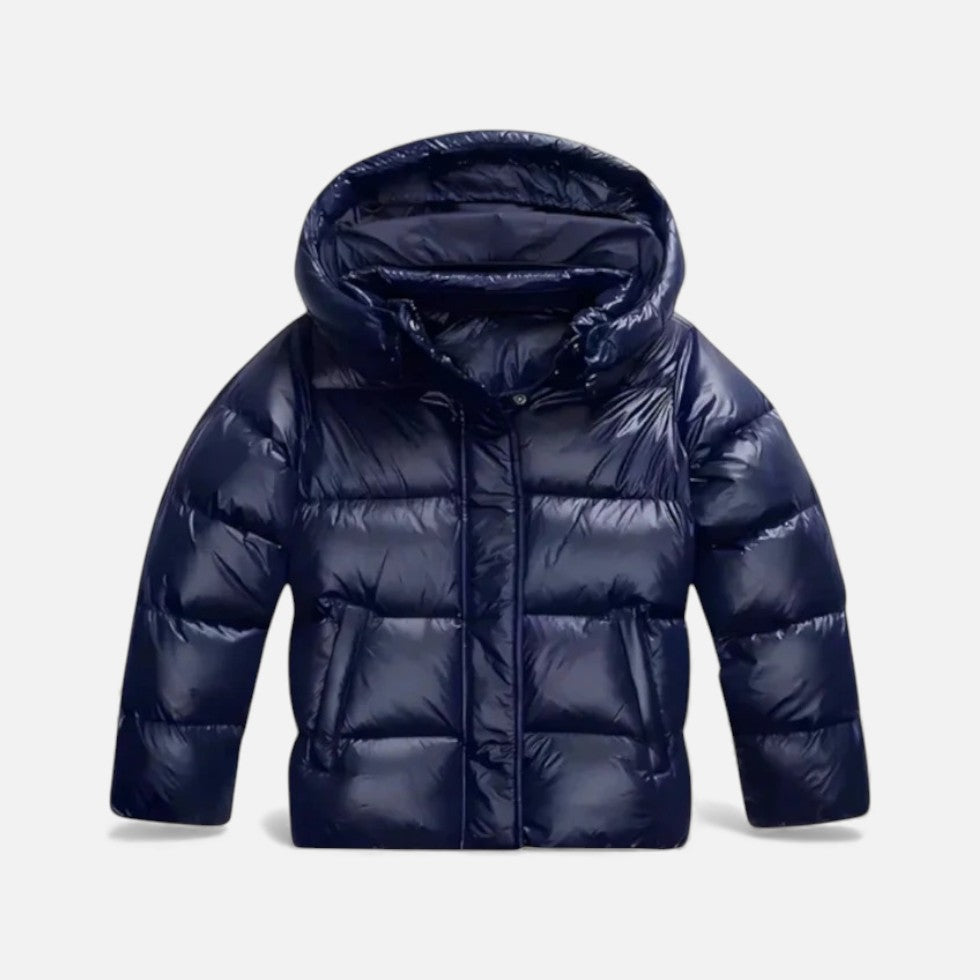 Navy blue puffer jacket on a light gray background