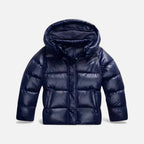 Navy blue puffer jacket on a light gray background