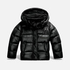Black puffer jacket with a hood on a light gray background