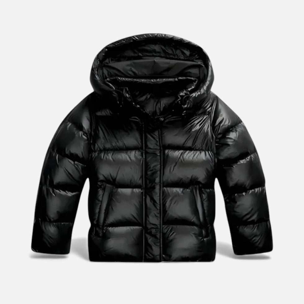 Black puffer jacket with a hood on a light gray background