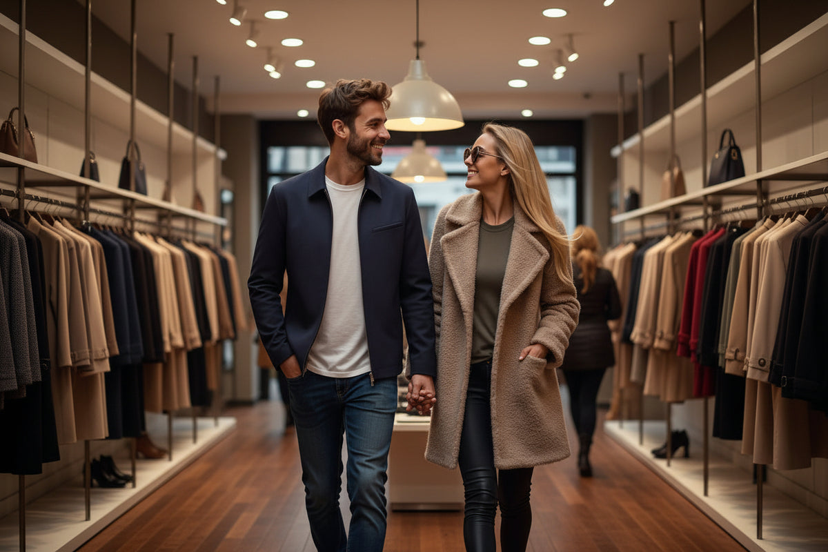 Photorealistic luxury fashion campaign photograph of a stylish young couple walking hand-in-hand down a charming European-style city shopping street at golden hour. The man wears a premium black leather jacket with a shirt-style collar, white crew-neck T-shirt, slim dark-blue jeans, and polished brown leather lace-up ankle boots. The woman wears a sophisticated long beige/taupe teddy-fleece coat with wide oversized lapels, a fitted olive-green top, black leather-look leggings, brown leather lace-up ankle bo