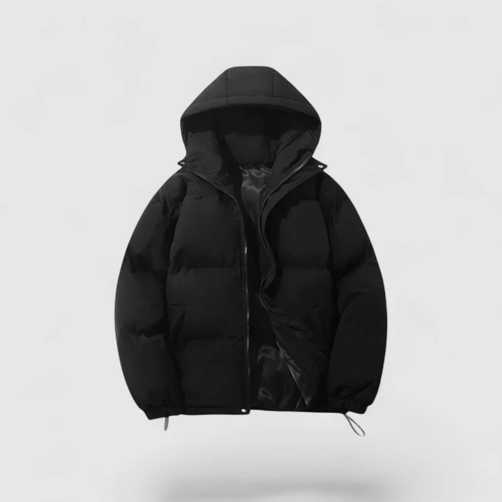 Black hooded puffer jacket on a light gray background