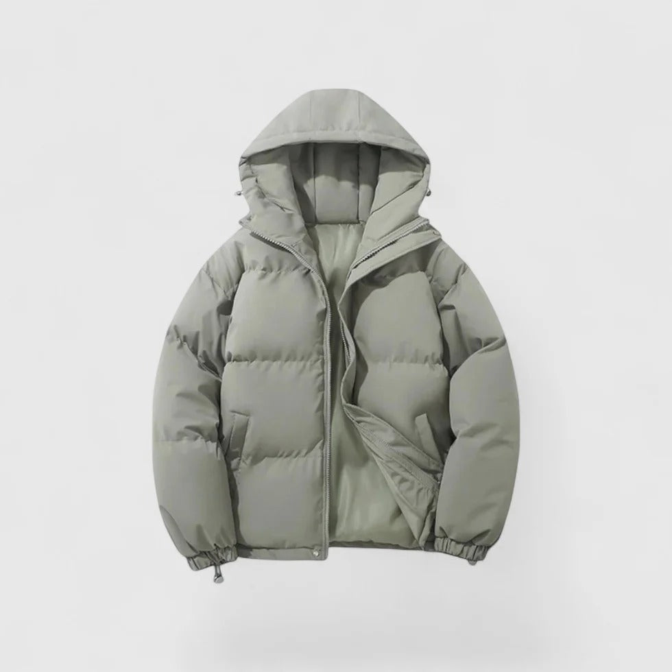 Light gray puffer jacket with a hood on a white background
