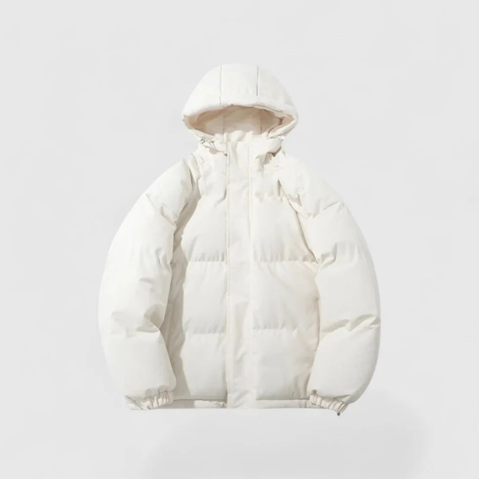 White puffer jacket with a hood on a light gray background