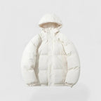 White puffer jacket with a hood on a light gray background