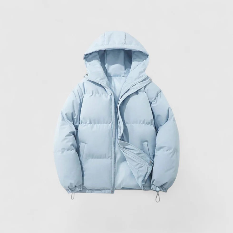Light blue puffer jacket on a light gray background