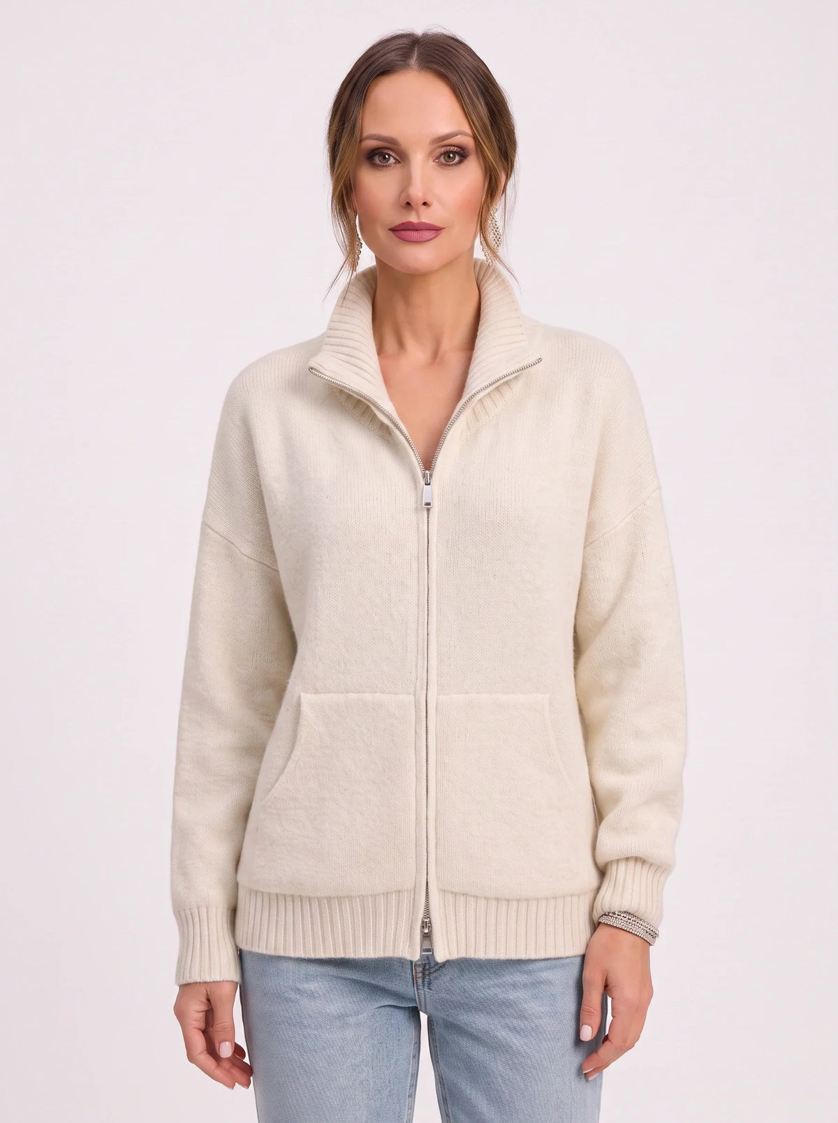 Women's Full Zip Ribbed Cardigan Funnel Neck Sweater