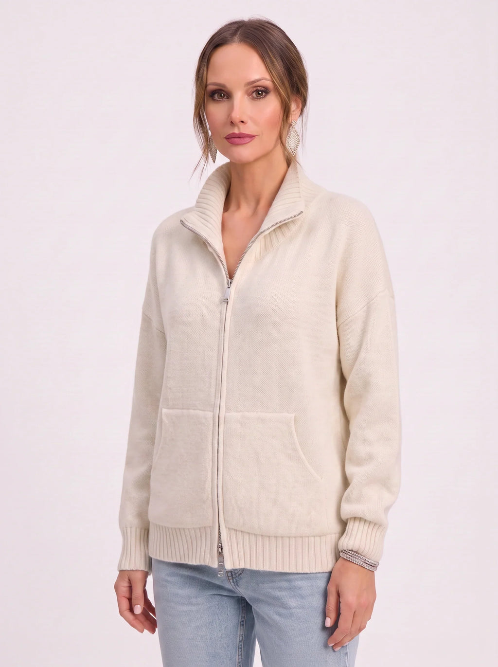 Women's Full Zip Ribbed Cardigan Funnel Neck Sweater
