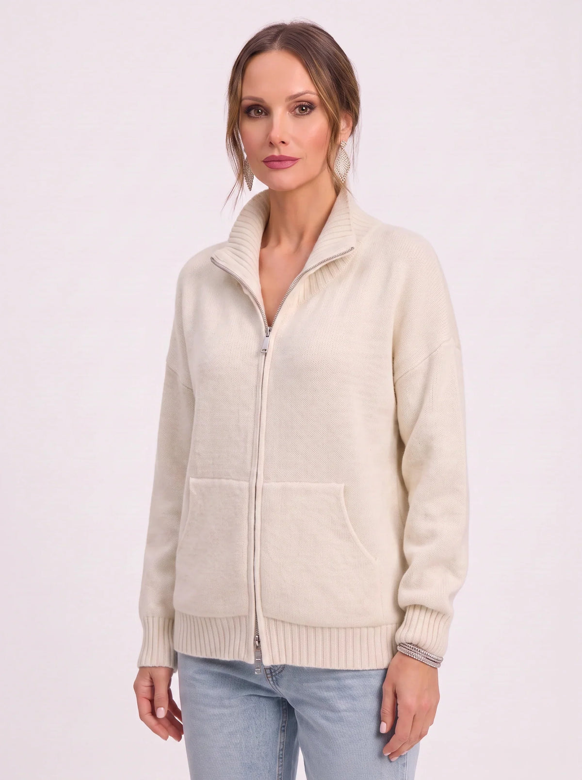 Women's Full Zip Ribbed Cardigan Funnel Neck Sweater