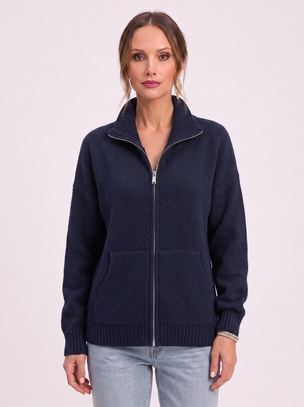 Women's Full Zip Ribbed Cardigan Funnel Neck Sweater