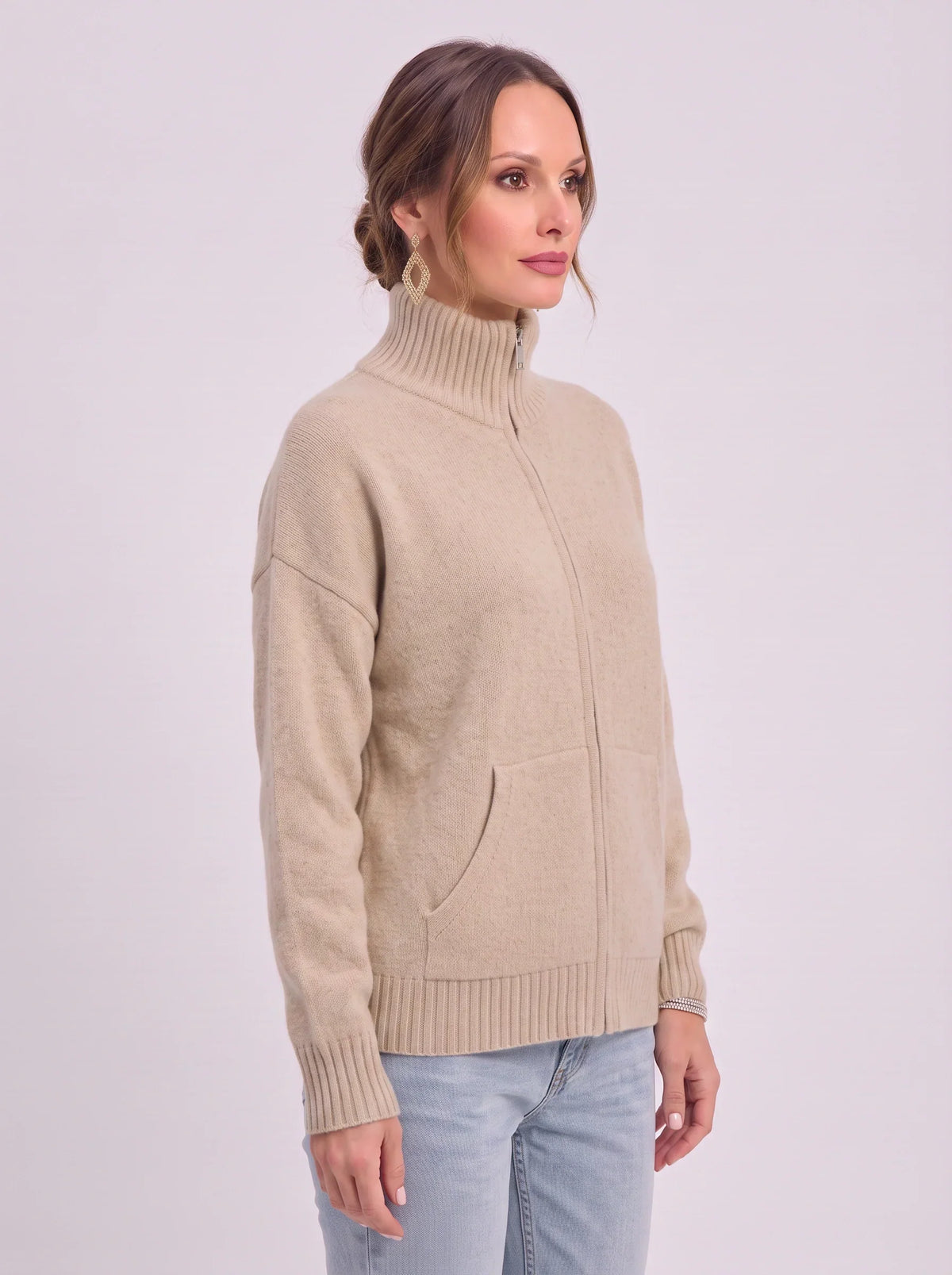 Women's Full Zip Ribbed Cardigan Funnel Neck Sweater
