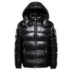 Black puffer jacket with glossy finish on a white background