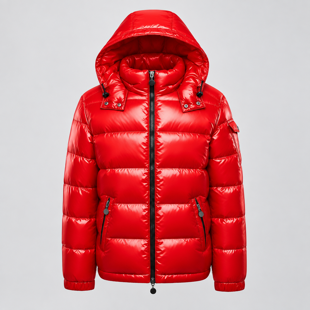 Red puffer jacket with a hood on a white background